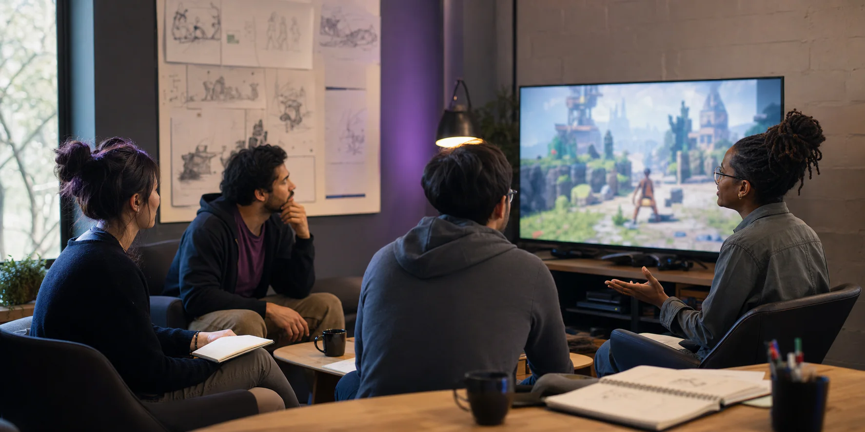 An international game development team reviewing a playable build together