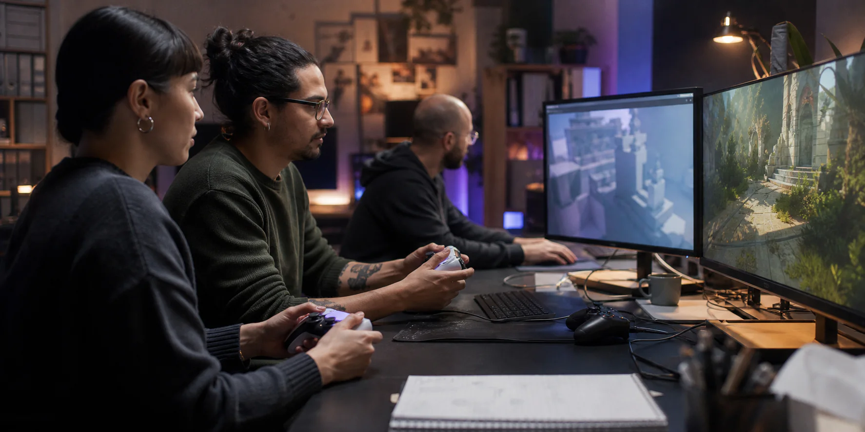 Developers testing a game build while comparing a prototype with a finished environment