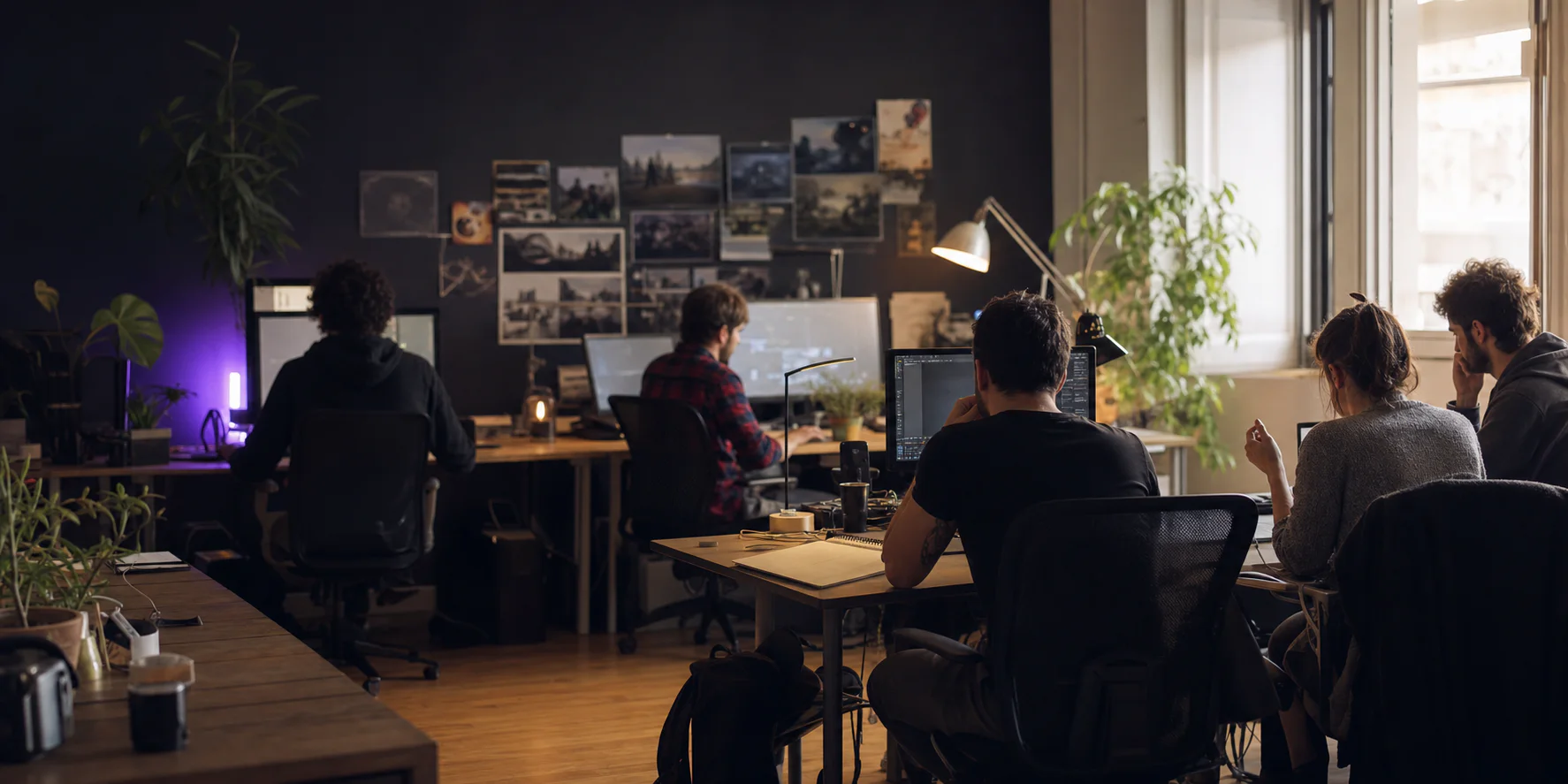 A small game development team working together in a creative studio
