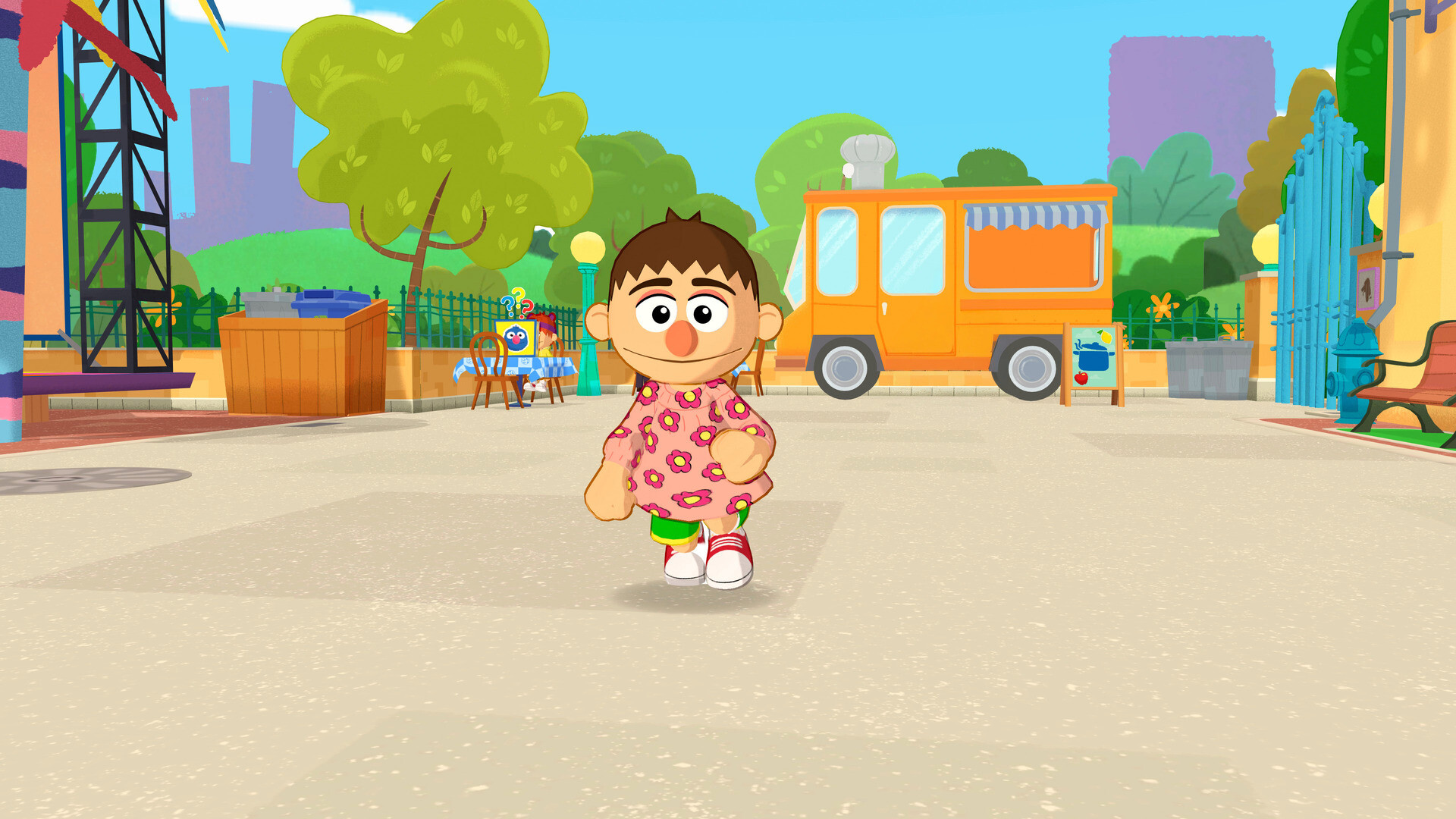A player-created resident beside Cookie Monster’s food truck